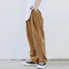 Hehope Mens Casual Corduroy Pants Autumn Winter Genderless Japanese Lazy Style Loose Simple Basic Elastic Waist Straight Pants Unisex