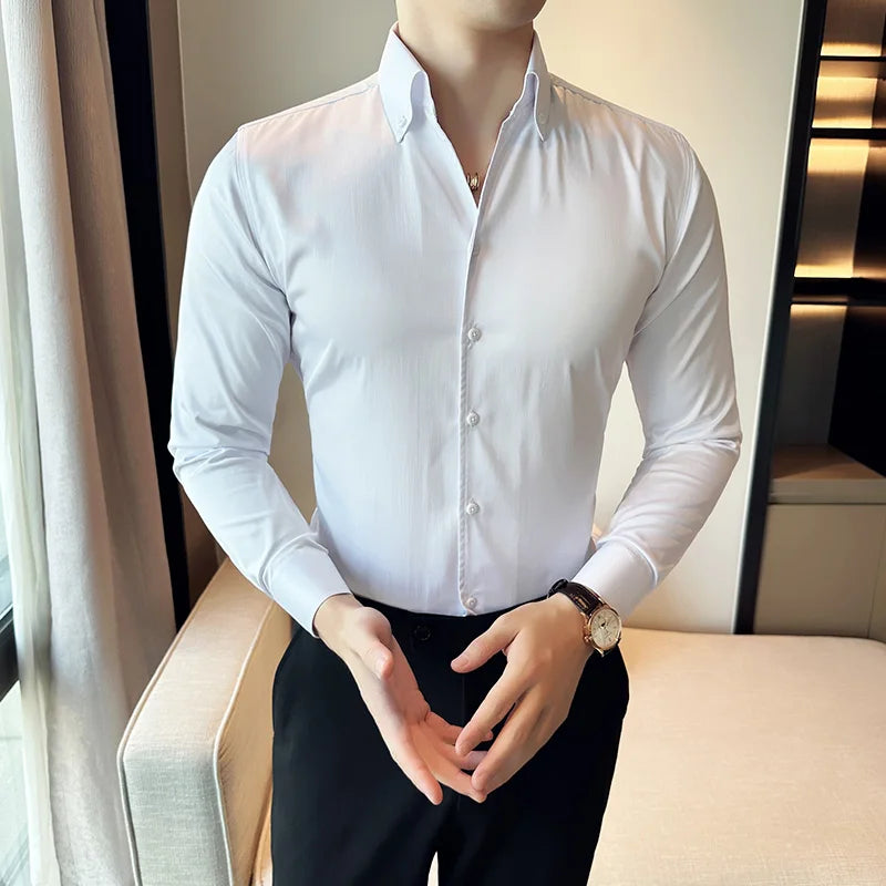 Hehope Korean Black White High Quality Solid Color Long Sleeve Shirt Men Business Slim Fit Casual Shirts Formal Office Social Party Top