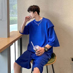 Hehope Summer Ice Silk Set Men Fashion Shoulder Pad Short Sleeved T-shirt/Shorts Mens Two Piece Loose Pleated Set Mens Short Sets M-2XL