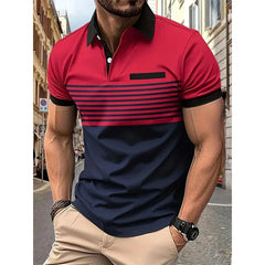 Hehope Summer New Casual Fashion Versatile Polo Shirt Men's Lapel Button Color Block Print Patchwork Striped Ventilate Long Sleeved Top