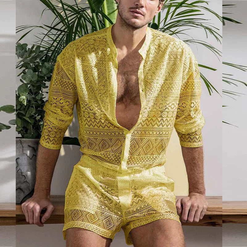 Hehope New Arrivals Men Set Summer Sexy See Through Lace Outfits Beach Fashion Short Sleeved Tops And Shorts Mens Two Piece Suits