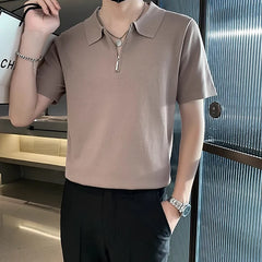 Hehope New Casual Solid Color Mens Polo Shirts Short Sleeve Zipper Polo Collar T Shirt Men Summer Fashion Slim Fit Pullover Tops Summer