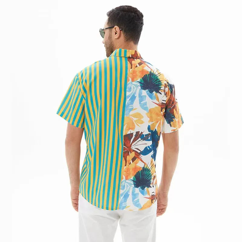 Hehope Fashion Summer Men's Shirt Casual Short Sleeve Hawaiian Beach Stripe Patchwork Color Lapels Street Daily Shirt Men Clothes