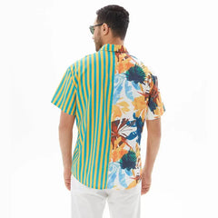 Hehope Fashion Summer Men's Shirt Casual Short Sleeve Hawaiian Beach Stripe Patchwork Color Lapels Street Daily Shirt Men Clothes