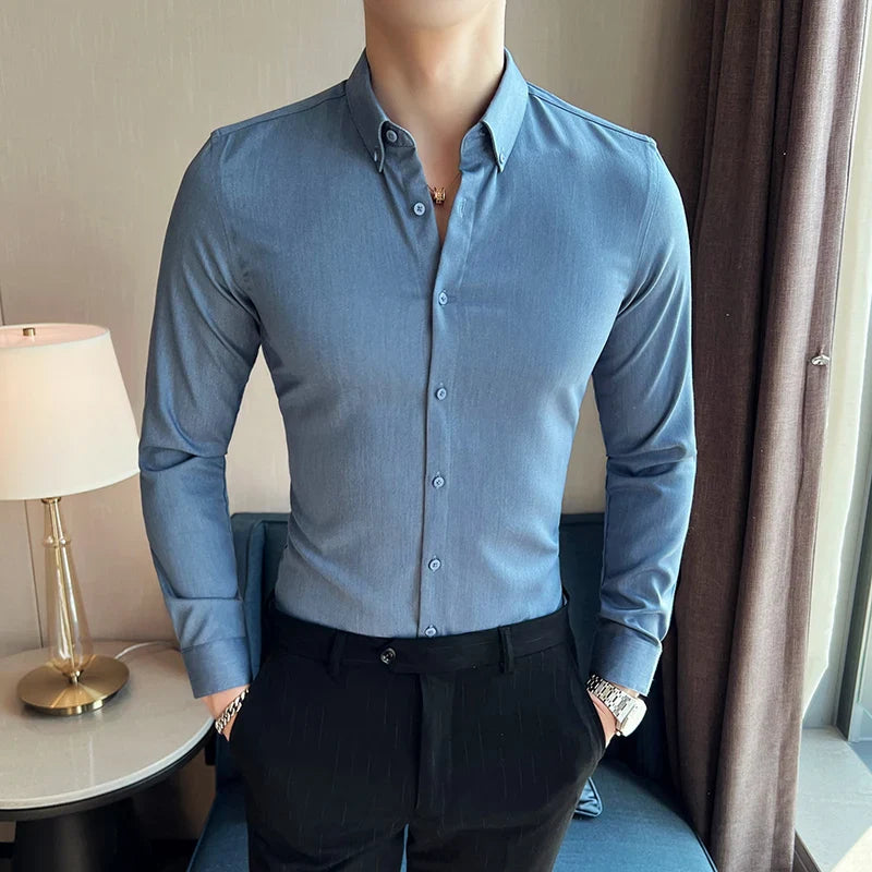 Hehope Longsleeve Shirts for Men Spring New High Quality Business Casual Stretch Slim Fit Solid Color Formal Shirts Mens Clothing