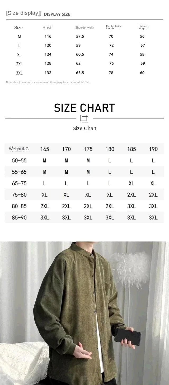 Hehope Corduroy shirt men's long sleeve loose Japanese retro work shirt autumn and winter fashion brand ruffian handsome casual coat