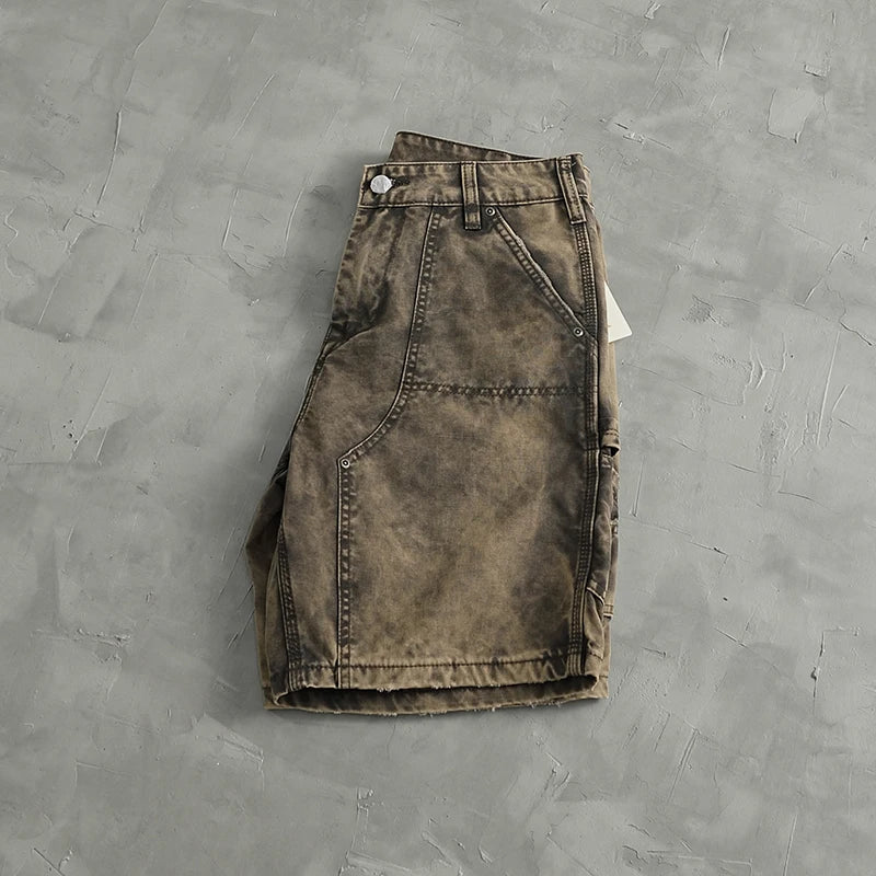 Hehope Heavy Wash Cargo Shorts Men Retro Mud Gray to Do Old Straight Leg Trousers American Casual All-in-one Five-minute Pants