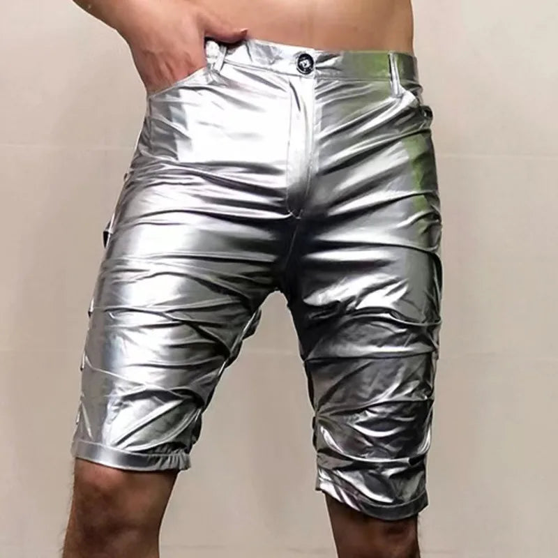 Hehope Shinny Leather Short Sexy Nightclub Multicolor Elasticity Slim Men Motorcycle Shorts Men's DS Costumes Anti-bright PU Pant