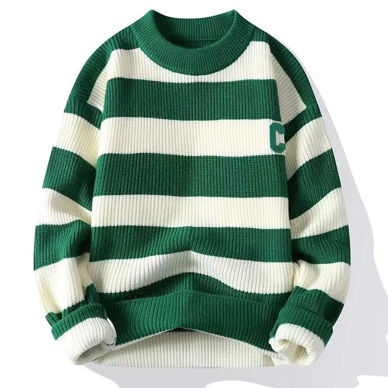 Hehope Autumn/Winter Men's Pullover Round Neck Loose Striped Contrast Letter Warm and Thick Casual Fashion Elegant Commuting Knitwear