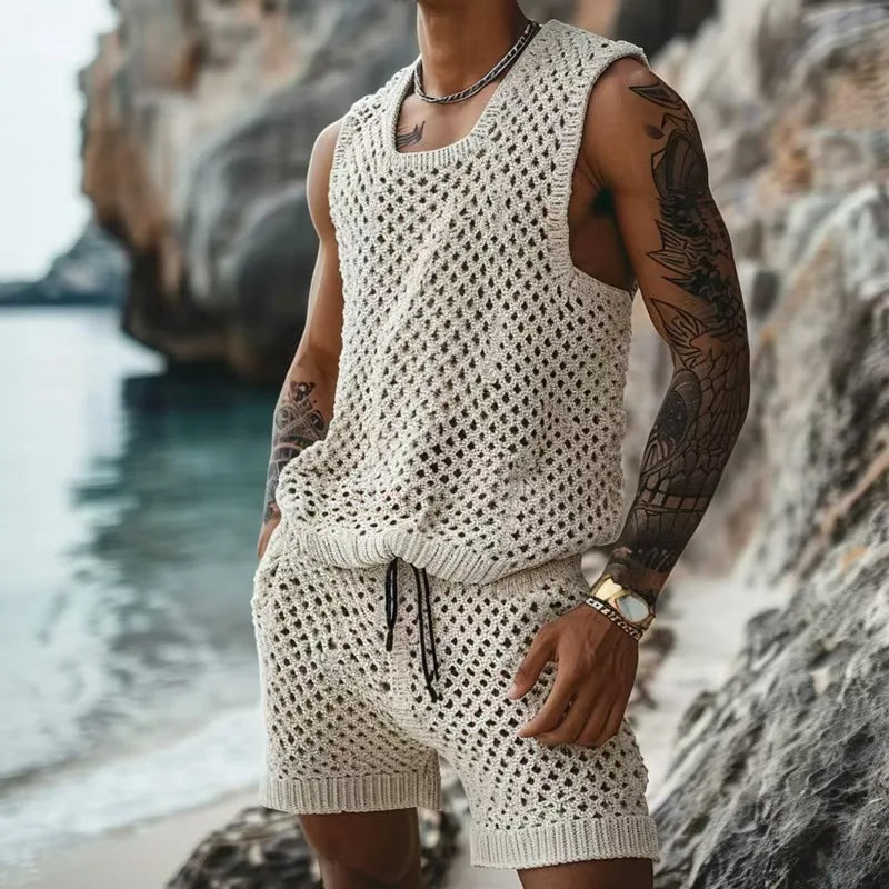 Hehope Men's Suits Summer Leisure Knit Clothing Solid Hollow Out Solid Casual Sleeveless Vest And Shorts Two Piece Sets Men Outfits