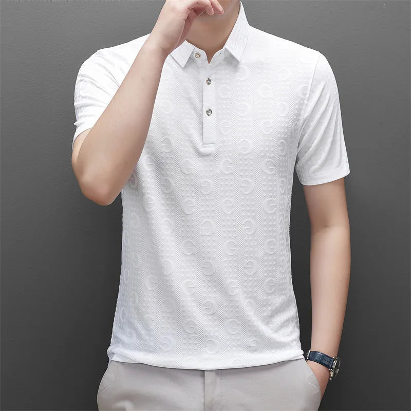 Hehope Men Fashion Business Casual Button Polo Collar Shirts Summer Short Sleeve Solid Color T-shirt Breathable Textured Pullover Tops