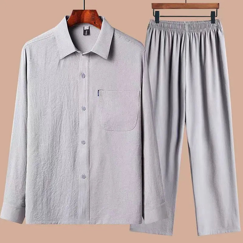 Hehope Spring Summer Men Long Leeve Shirt Long Pants 2-piece Set For Male Outfits Clothes Men Loose Casual Lce Silk Cotton Linen Suit