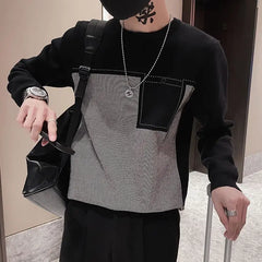 Hehope Spring Autumn New Fashion Round Neck Long Sleeve Pullovers Men's Clothing Patchwork Pocket Knitting Bottoming Shirt Casual Tops