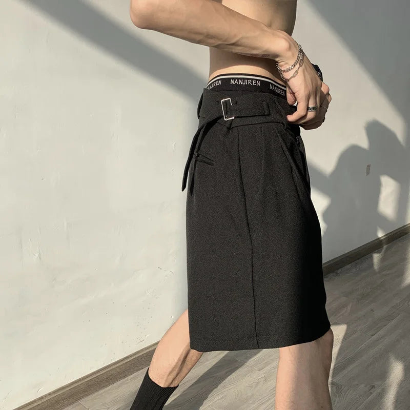 Hehope Summer Grey/Black Suit Shorts Men Fashion Society Mens Dress Shorts Korean Style Loose Straight Shorts Mens Casual Shorts M-XL