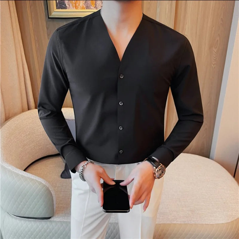 Hehope Solid Color Scarless Elastic Shirt Men Fashion V-neck Slim Casual Business Dress Shirts Social Party Tuxedo Blouse Men Clothing