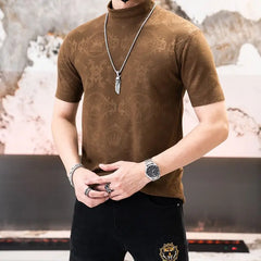 Hehope Spring Autumn Season New Solid Jacquard Half High Neck Short Sleeve T-shirt Men Slim Warm Breathable Casual Versatile Thick Top