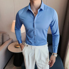 Hehope Mens Long Sleeve Shirts  Casual Slim Fit Men Dress Shirts Solid Color Formal Business Social Clothing Blouse Plus Size S-3XL