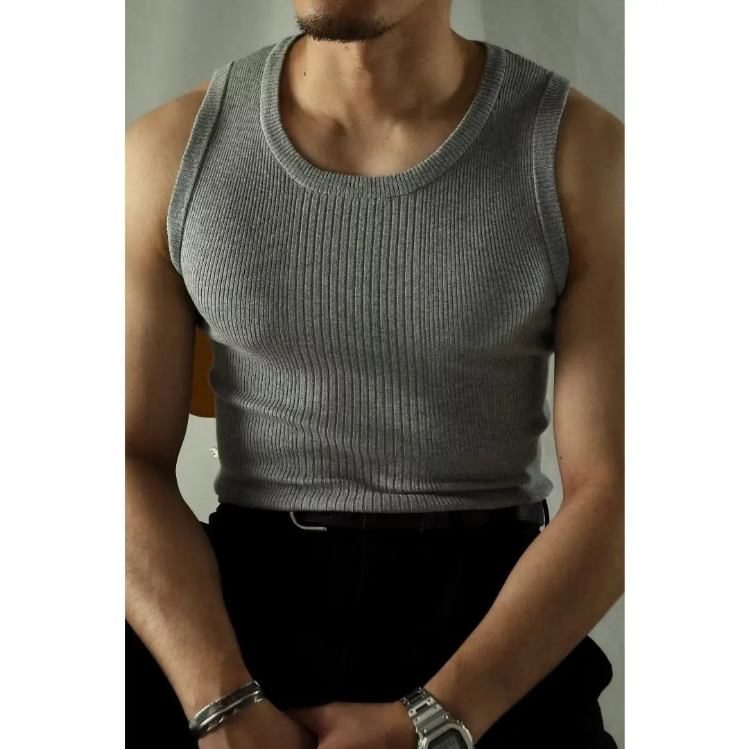 Hehope Retro Sports Fitness Men's Vest Summer Solid Color Knit Vest High Quality Slim-fit Elastic Vest Sleeveless Base Shirt Sportswear