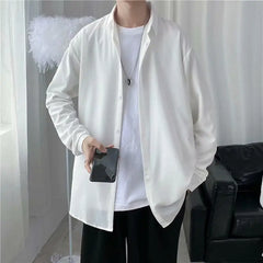 Hehope 2024 Spring and Summer Hong Kong Style Salt Solid Color Light Mature Style Top Minimalist Flip Collar Casual Loose Shirt for Men