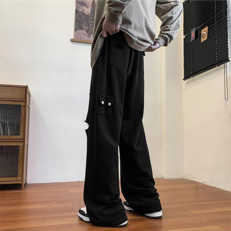 Hehope Autumn Winter Hipster Hip Hop Holes Straight Pants Male Harajuku Y2K Fashion All-match Loose Casual Trousers Men Solid Sweatpant