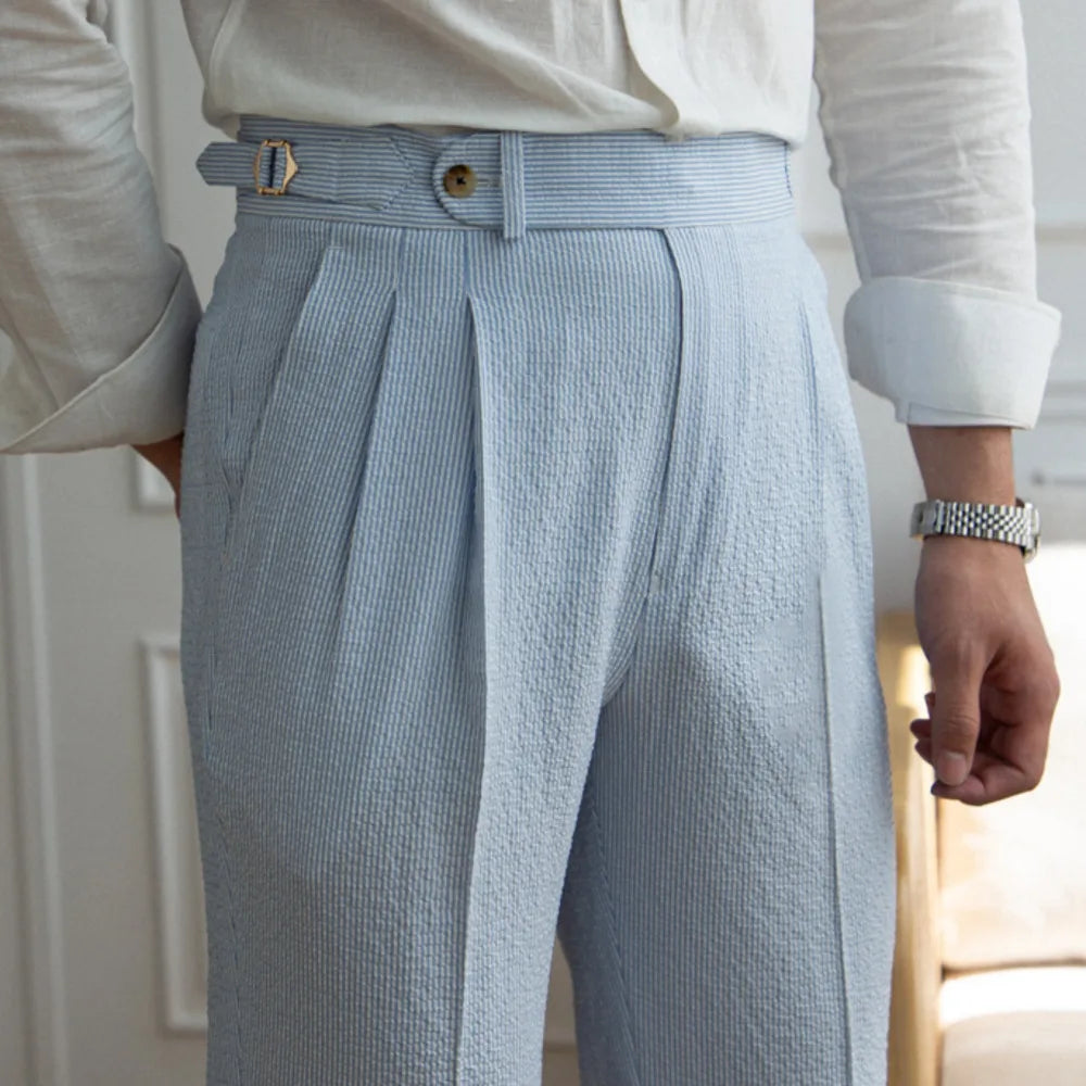 Hehope Summer Seersucker High Waist Straight Pants British Petty Bourgeoisie Blue Stripe Italian Casual Trousers Men Pantalones Hombre