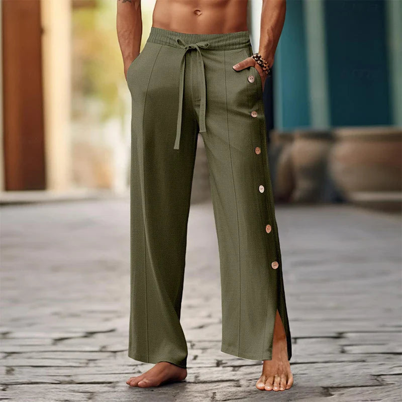 Hehope 2024 Summer Men's Casual Pants Beach Leisure Breathable Loose Solid Color Trousers For Men Fashion Side Buttoned Straight Pants