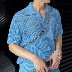 Hehope Fashion Turn-down Collar Knitted Polo Shirt Men Casual Short Sleeve Hollow Out Breathable Knit Tops Summer Mens Knitting Clothes