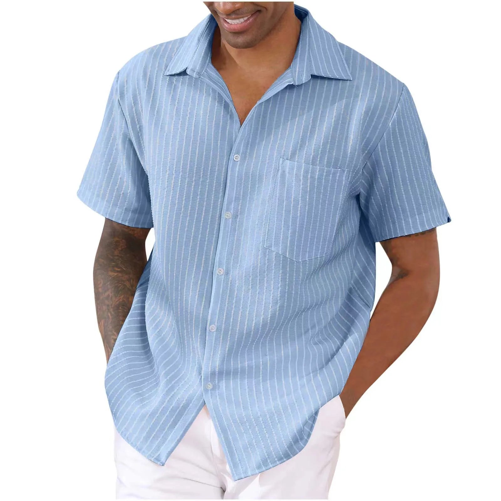 Hehope Fashion Men's Striped Short Sleeve Shirt Casual Cotton Linen Button Loose Turn-down Collar Shirt For Men Tops Summer New S-2X