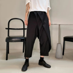 Hehope Men Double-Layer Irregular Pleated Wide-Leg Pants 2024 New Genderless Dark Style Retro Loose Solid Color Nine-Point Pants Unisex