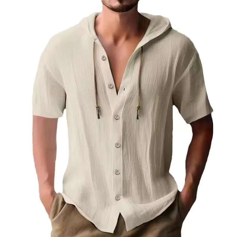 Hehope Summer Men Cotton Linen Shirt Solid Streetwear Short Sleeve Hoodie Cardigan Breathable Clothing For Male Tops Loose Man Shirts