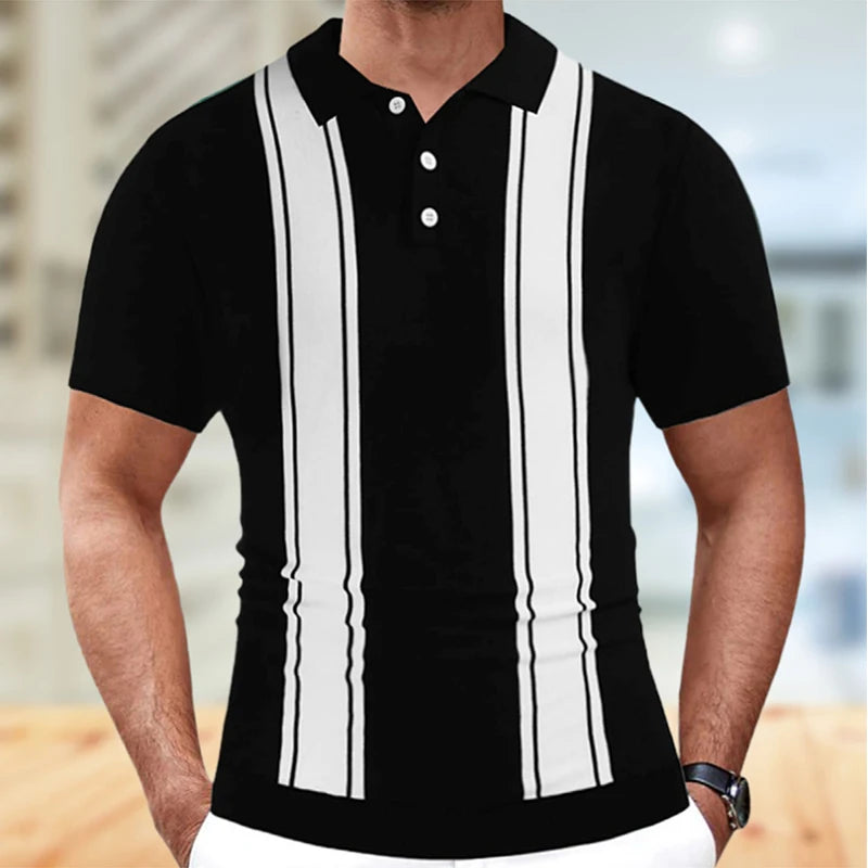 Hehope Streetwear Vintage Knitted Striped Polo Shirt Men Fashion Slim Short Sleeve Polos Summer Mens Knitwear Casual Ice Silk Polo Tops