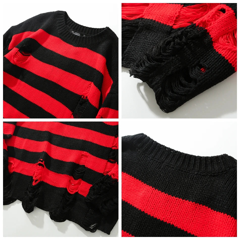 Hehope High Street Retro Punk Red and Black Stripes Autumn Sweater Men Loose Ripped Hole Tassel Pullover Round Neck Casual Clothes