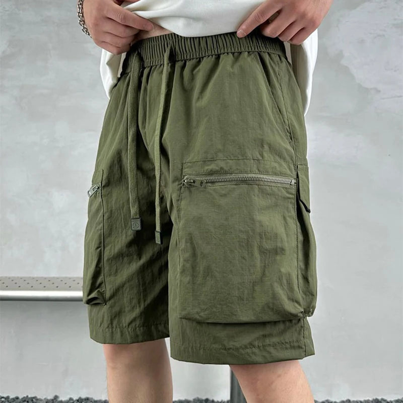 Hehope Streetwear Mens Casual Shorts 2024 Summer Daily Leisure Loose Pockets Zip-up Cargo Shorts Men Trendy Solid Color Straight Shorts