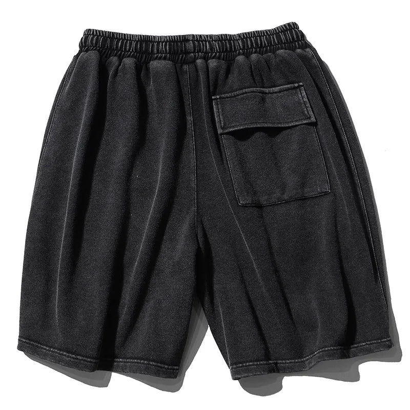 Hehope Summer New Distressed Shorts Men's Japanese Washed Retro Streetwear Black Loose Casual Drawstring Elastic Waist Short