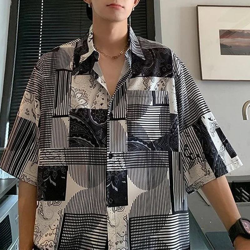 Hehope Summer Retro Artistic Hong Kong Style Casual Loose Oversized Lapel Striped Plaid Print Versatile Short Sleeved Shirt for Men