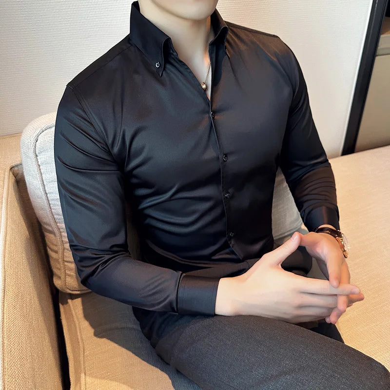 Hehope Korean Black White High Quality Solid Color Long Sleeve Shirt Men Business Slim Fit Casual Shirts Formal Office Social Party Top