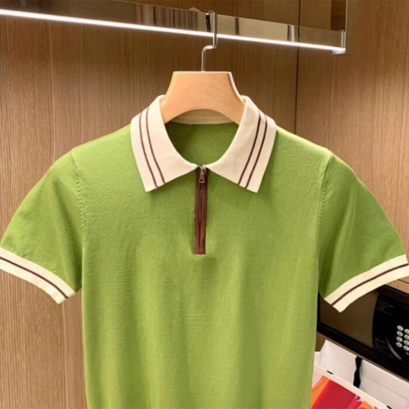 Hehope Streetwear Mens Knitting Polo Shirts Summer Knitwear Short Sleeve Lapel Zipper Slim Knit Tops Men Vintage Patchwork Knitted Tees