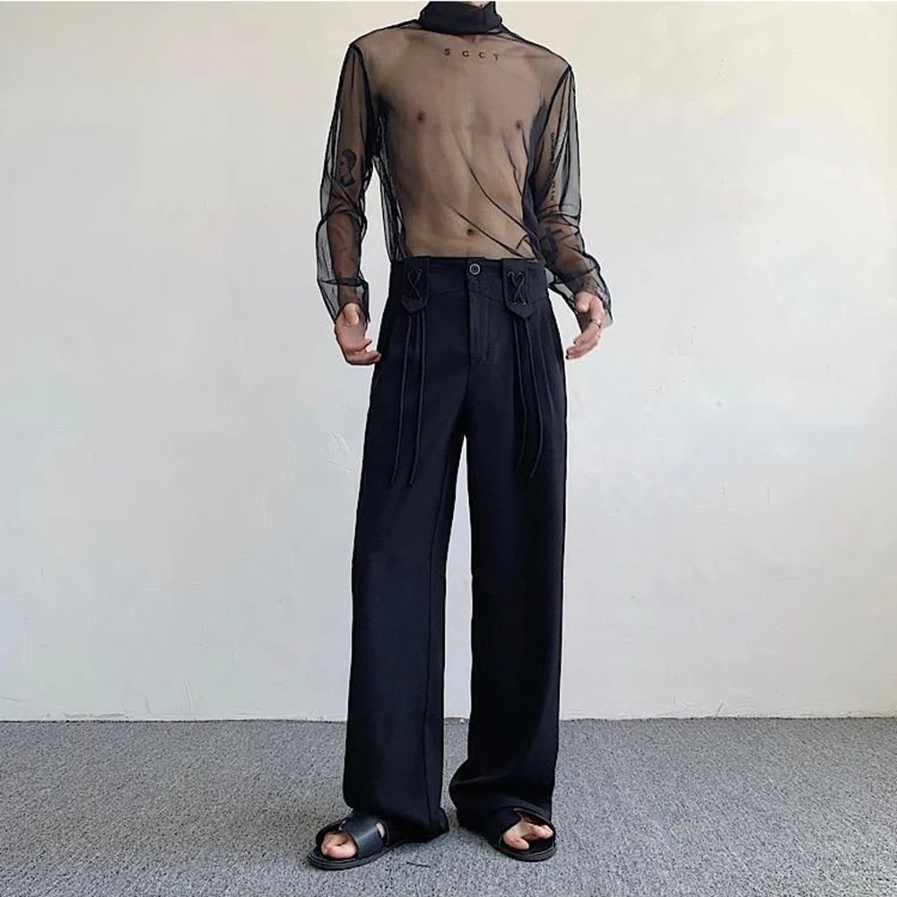 Hehope Men's Chinese Wide-Leg Trousers Autumn New Trousers Trendy Dark Elegant Casual Loose Solid Color High-Waisted Long Trousers