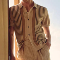 Hehope Vintage Striped Knitted Shirts Men Casual Short Sleeve Buttoned Lapel Knit Cardigan Tops Mens 2024 Summer Trendy Knitting Shirt