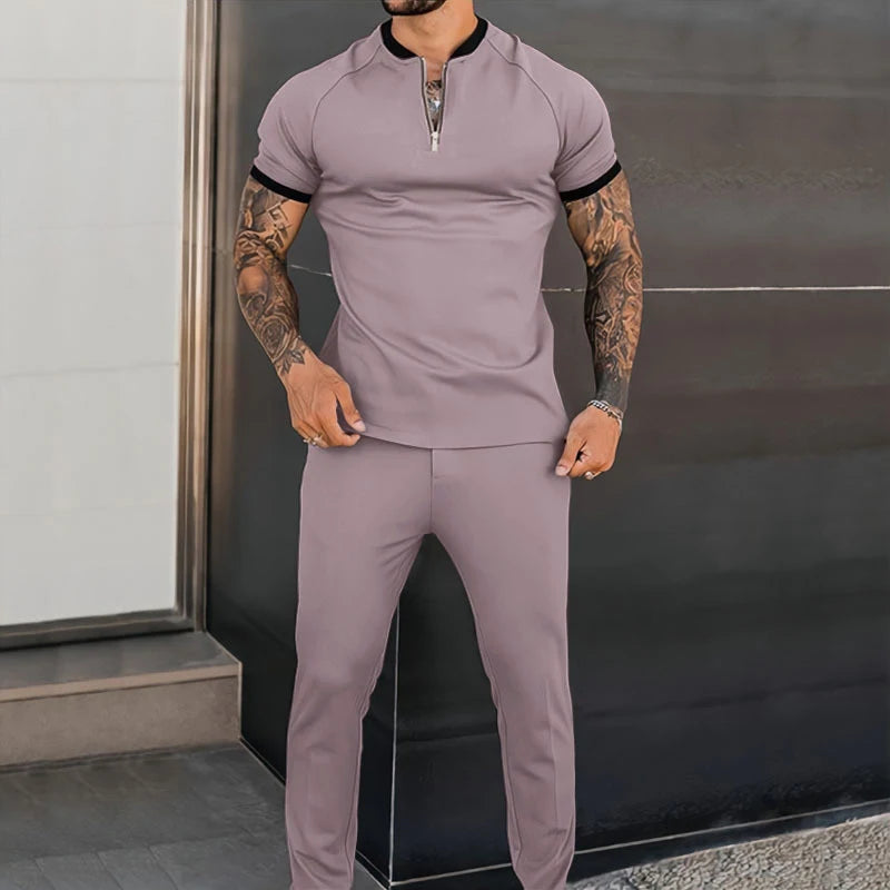 Hehope Streetwear Mens Casual Two Piece Sets Summer Fashion Zipper Crew Neck Short Sleeve Tops And Pants Suits Men Sports Tracksuit Man