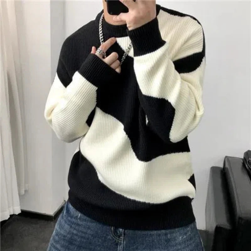 Hehope Autumn Winter New Fashion Round Neck Long Sleeve Patchwork Color Blocking Pullovers Men's Clothing Korean Loose Knitting Tops