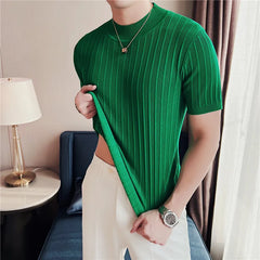 Hehope Men Short Sleeve T-Shirt Knitted Pullover 2024 Summer High Elastic Solid Casual Stripe Slim Fit Half High Collar Knit Sweater