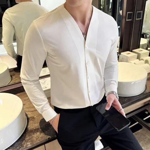 Hehope High-quality Waffle Shirt for Men Long Sleeve V-neck Casual Slim Business Formal Dress Shirts Social Banquet Tops Men Clothing