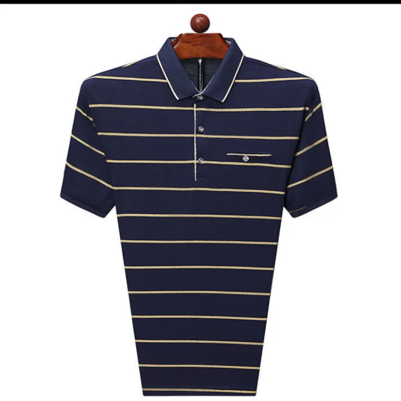 Hehope Summer New Fashion Casual Oversized Comfortable Middle Aged Men's Clothing Lapel Stripe Printed Short Sleeve POLO Shirt