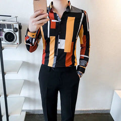 Hehope 2024 New Spring and Autumn Korean Fashion Street Versatile Print Color Block Button Flip Collar Long Sleeved Men's Shirt Top