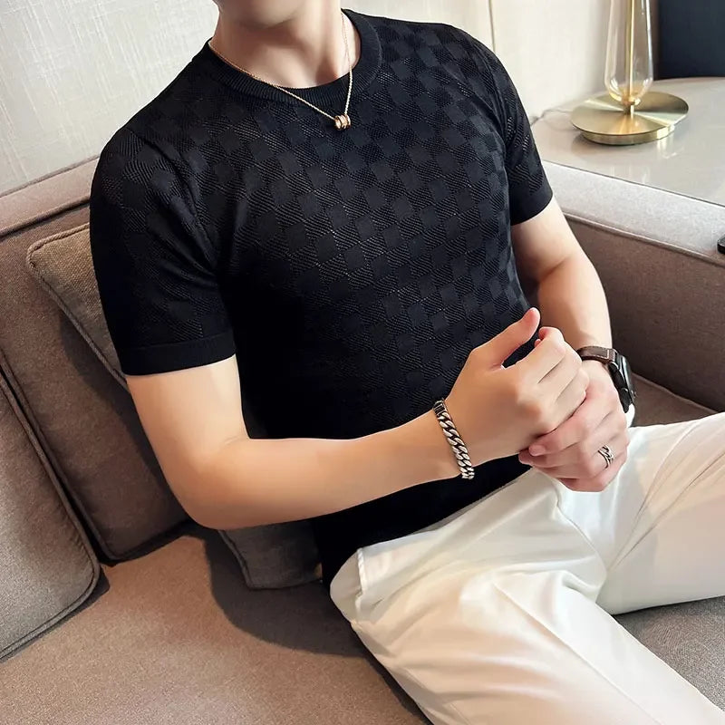 Hehope Men's Short Sleeve T-shirt Summer Thin High Elastic Slim Fit Knit Tee Shirts Tops O Neck  Solid Casual Fashion Men Clothing