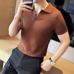 Hehope Hollow Knit Short Sleeved T-shirt V-neck Polo Shirt Men Summer Sexy Casual Lapel Tshirts Social Streetwear POLO Tee Tops 2024