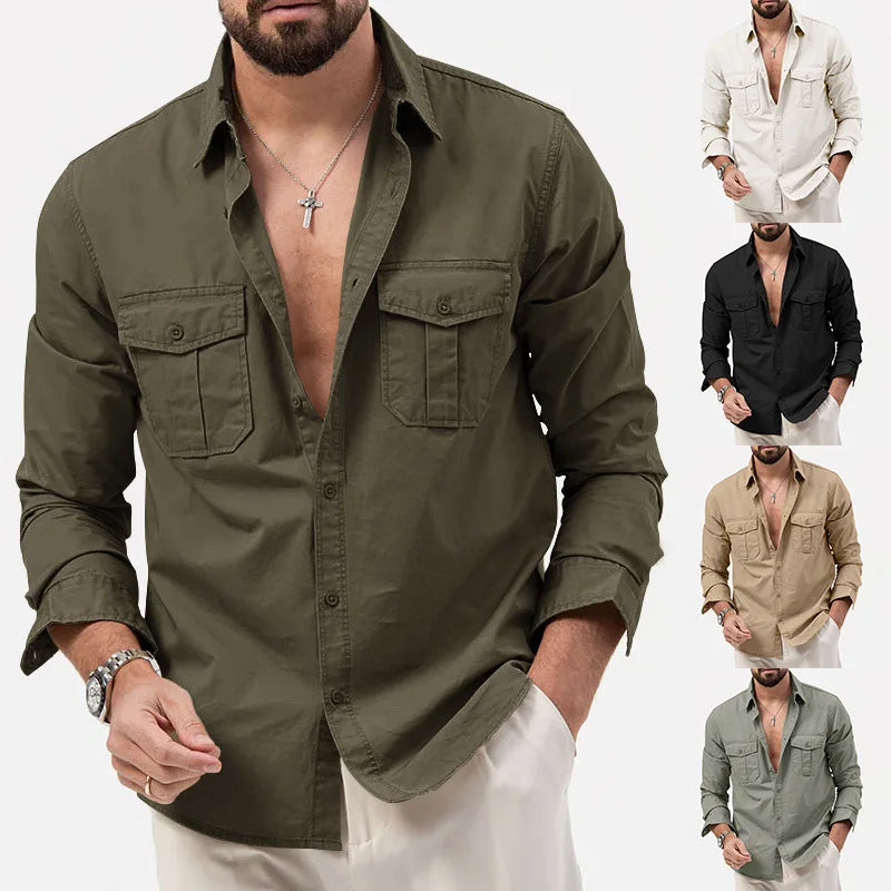 Hehope 2024 Spring Summer New Casual Loose Cotton Men Top Fashion Double Pocket Male Long Sleeved Shirt