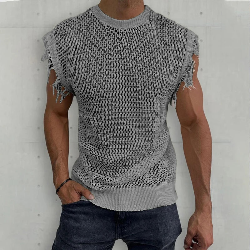 Hehope Men Summer Sleeveless O Neck Basic Pullover Tee For Man Clothing Casual Tassel Solid Shirt Hollow Knit Vest Top Streetwear