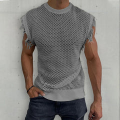 Hehope Fashion Sleeveless Ripped Design Knit Tank Tops Men Summer Streetwear Trend Hollow Out See Through Camisole Mens Retro Pullover